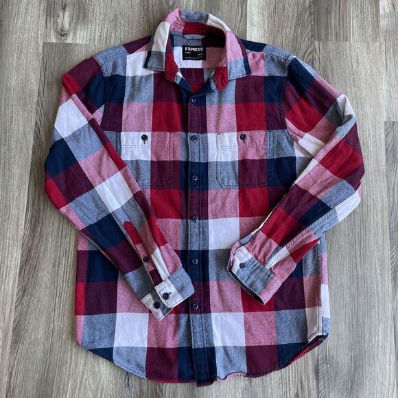 Express Men's‎ Medium Shirt Red Plaid Flannel Long Sleeve - Picture 1 of 5
